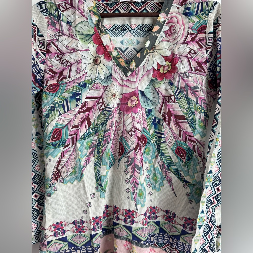 Johnny Was Tribeca Georgette Floral V Neck Floral Aztec Tunic Cotton Women XS - Picture 6 of 11